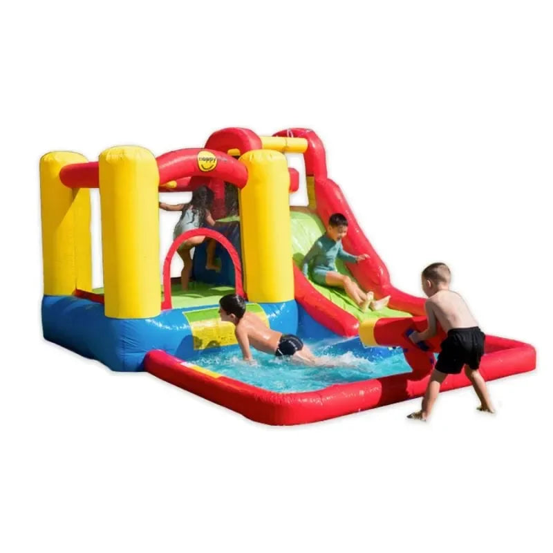 Happy Hop Jump & Splash Adventure Zone With Cannon – Inflatable Wet and Dry Playhouse with Water Slide, Splash Pool & Basketball Hoop - Naivri