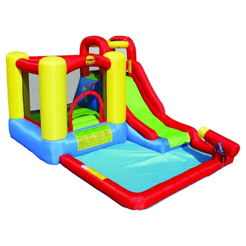 Happy Hop Jump & Splash Adventure Zone With Cannon – Inflatable Wet and Dry Playhouse with Water Slide, Splash Pool & Basketball Hoop - Naivri