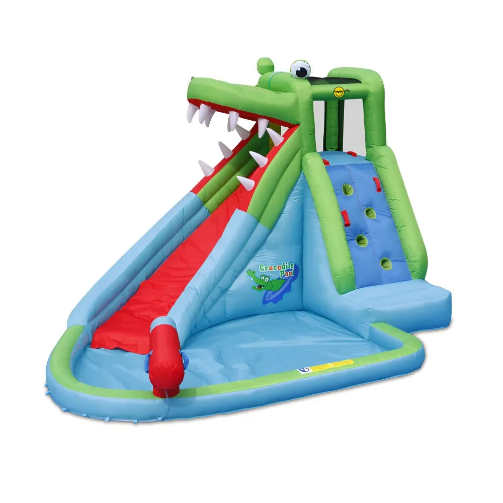 Happy Hop The Crocodile Pool – Inflatable Water Slide with Climbing Wall, Water Cannon & Splash Pool for Kids - Naivri