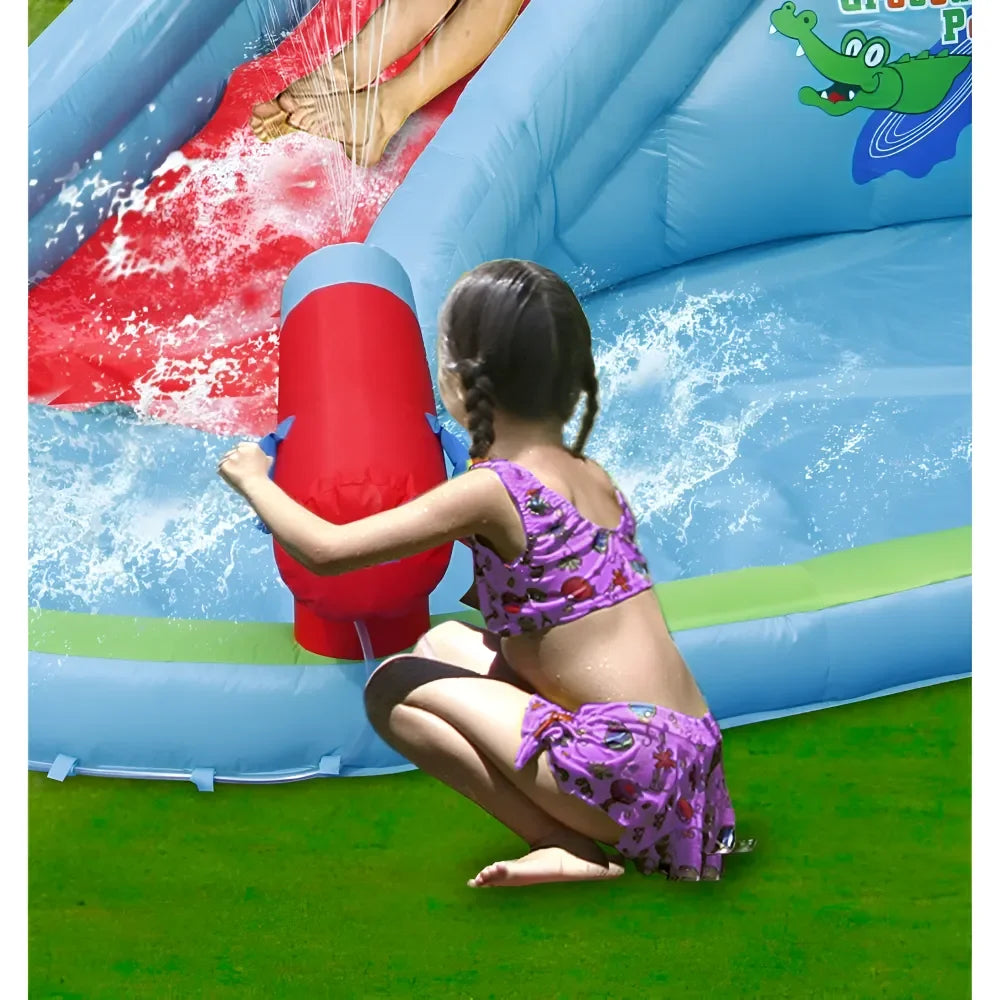 Happy Hop The Crocodile Pool – Inflatable Water Slide with Climbing Wall, Water Cannon & Splash Pool for Kids - Naivri