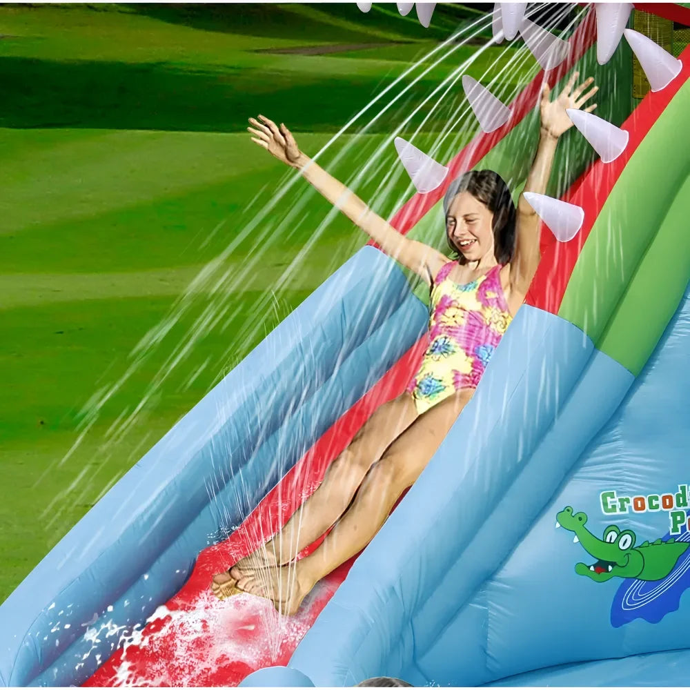 Happy Hop The Crocodile Pool – Inflatable Water Slide with Climbing Wall, Water Cannon & Splash Pool for Kids - Naivri