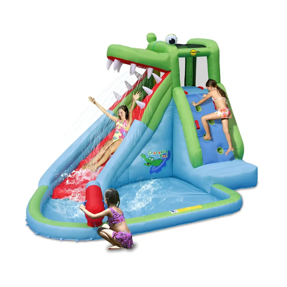 Happy Hop The Crocodile Pool – Inflatable Water Slide with Climbing Wall, Water Cannon & Splash Pool for Kids - Naivri