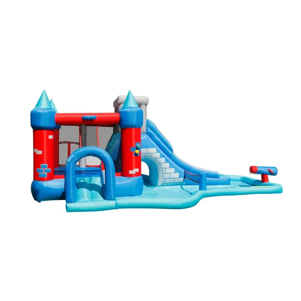 Happy Hop Wet n Dry Splash Park – Inflatable Water Park with Slides, Water Cannon, Volleyball Net & Dartboard for Kids - Naivri