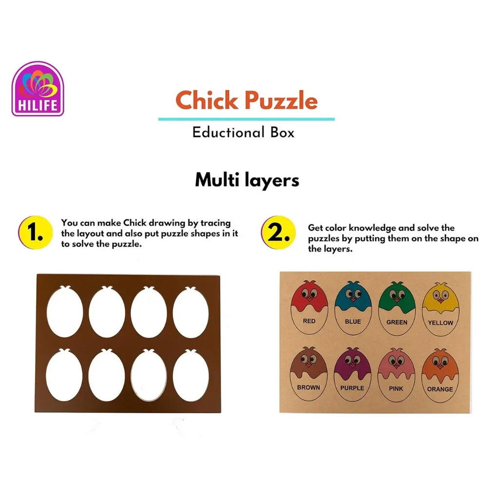 HILIFE Chick Matching Puzzle for Kids | 3-Layer Wooden Color Recognition & Shape Puzzle Board for Toddlers Age 3+ | Brightly Painted Montessori Educational Toy – Multicolour - Naivri