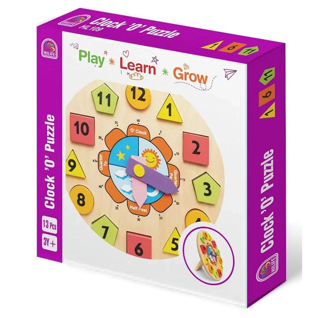 HILIFE Clock 'O' Puzzle | Wooden Color Sorting Shape Clock with Number Blocks | Montessori Educational Toy for Toddlers & Kids Age 1-3 | Learn Time, Numbers & Shapes – Multicolour - Naivri