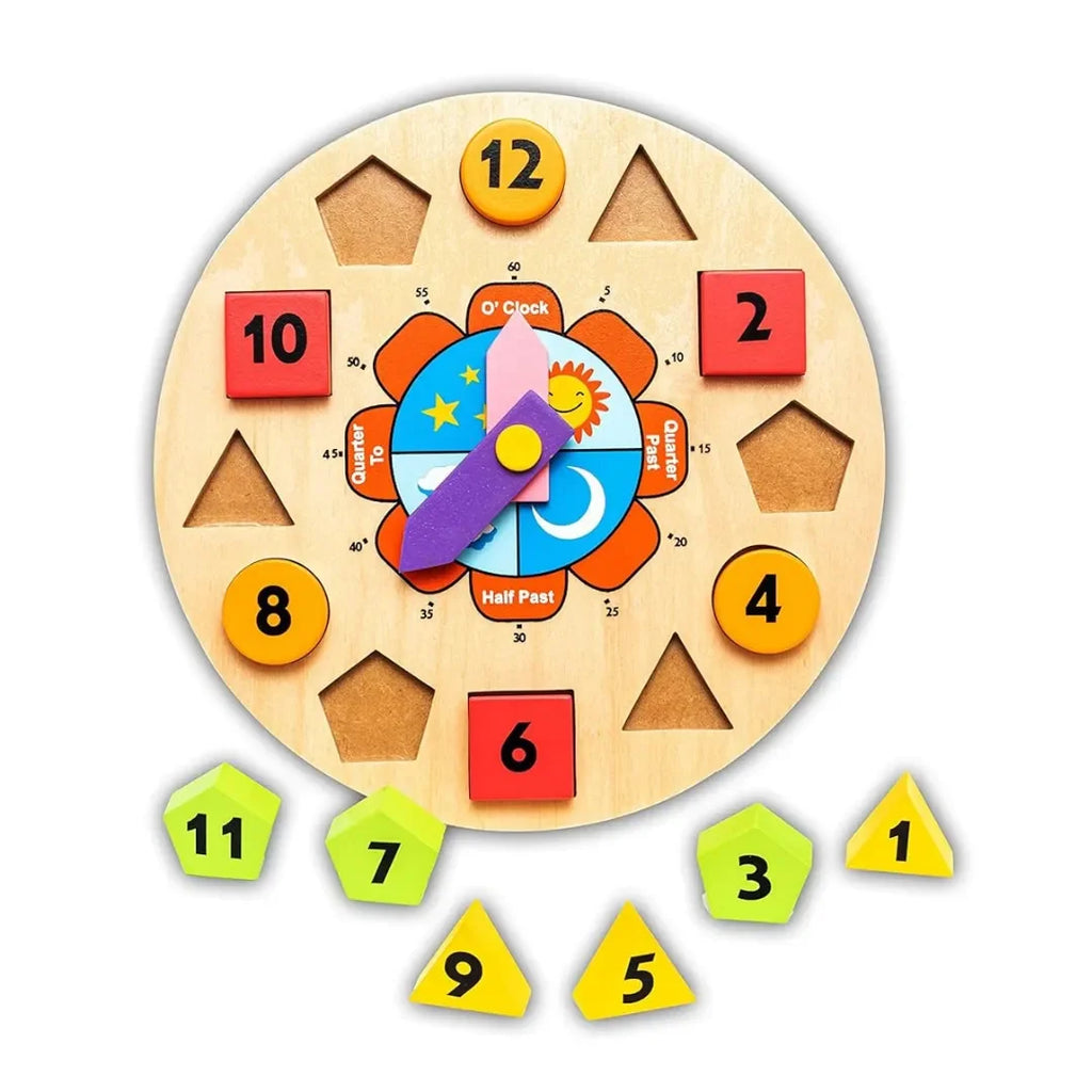 HILIFE Clock 'O' Puzzle | Wooden Color Sorting Shape Clock with Number Blocks | Montessori Educational Toy for Toddlers & Kids Age 1-3 | Learn Time, Numbers & Shapes – Multicolour - Naivri