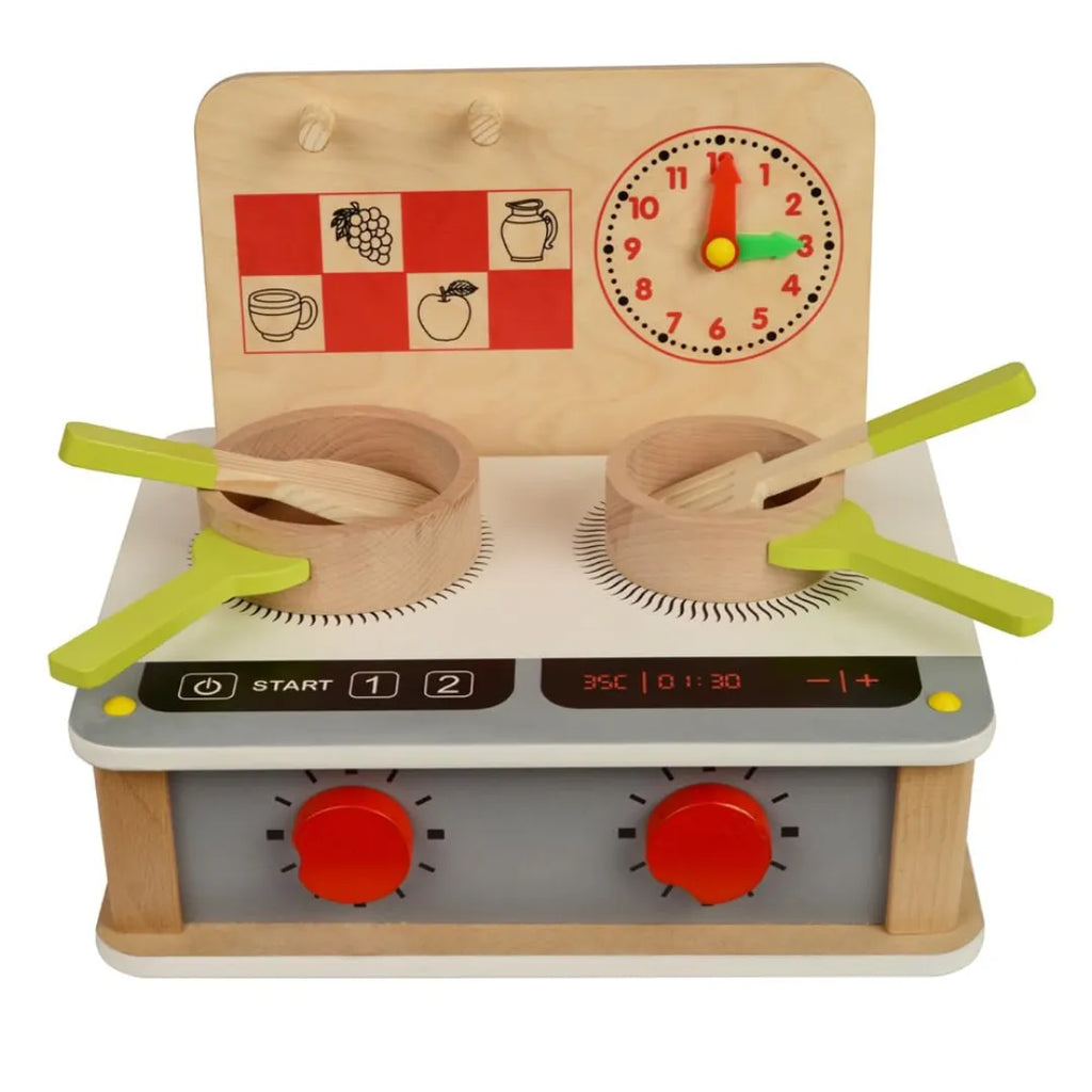 Hilife Convertible 2-in-1 Gas Stove Kitchen Set | Wooden Pretend Play Kitchen Toy for Kids Age 3+ | Hot Plate + Stove with Timer & Accessories – Multicolor - Naivri