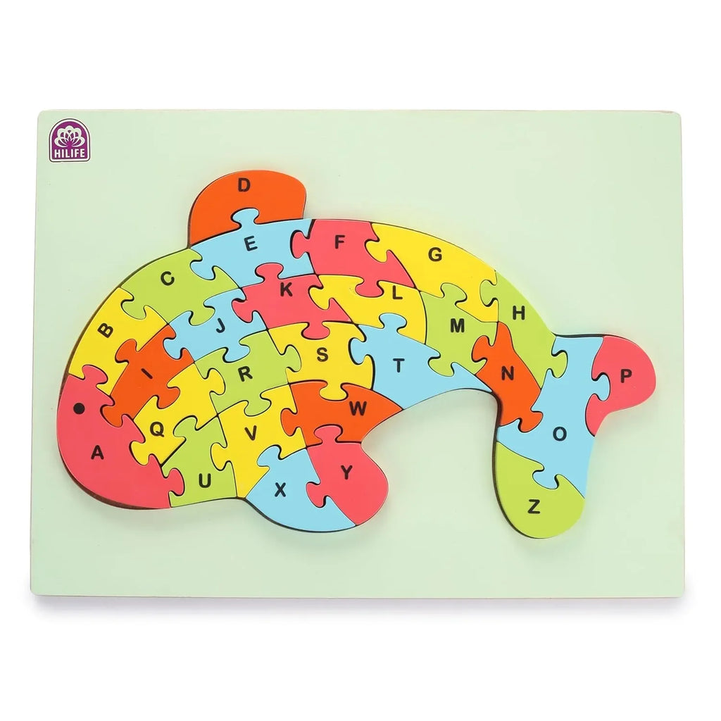 HILIFE Educational Alphabet Fish Shape Puzzle Board – Gold Series | Wooden Uppercase Letters A-Z for Kids (025) - Naivri