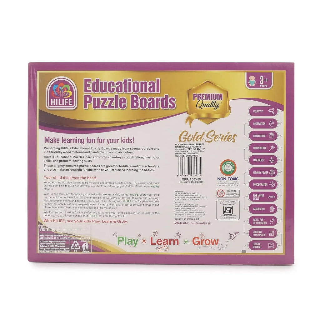 HILIFE Educational Alphabet Italics Letters Puzzle Board – Gold Series Wooden A–Z Peg Puzzle for Kids (26 Pieces) - Naivri