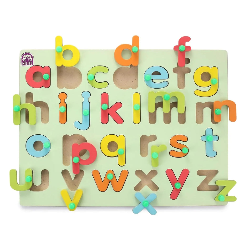 HILIFE Educational Alphabet Puzzle Board – Gold Series – A to Z Small Letters Peg Puzzle – Wooden Learning Toy for Kids and Toddlers - Naivri