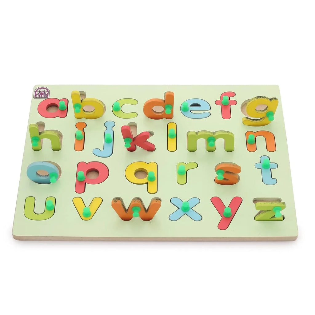 HILIFE Educational Alphabet Puzzle Board – Gold Series – A to Z Small Letters Peg Puzzle – Wooden Learning Toy for Kids and Toddlers - Naivri