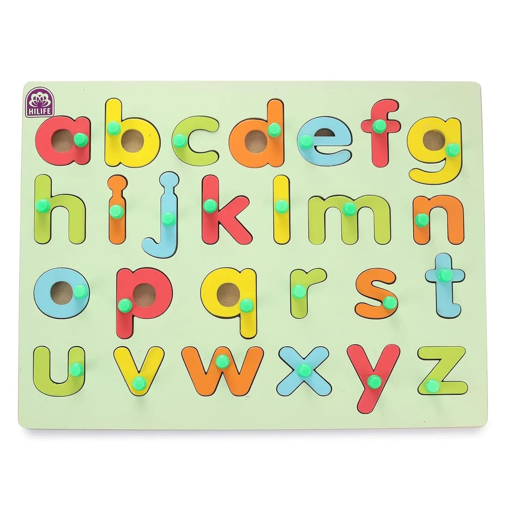 HILIFE Educational Alphabet Puzzle Board – Gold Series – A to Z Small Letters Peg Puzzle – Wooden Learning Toy for Kids and Toddlers - Naivri