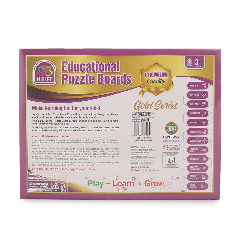 HILIFE Educational Alphabet Small Letters Puzzle Board – Wooden Peg Puzzle for Toddlers, Gold Series (a-z, 26 Pieces) - Naivri