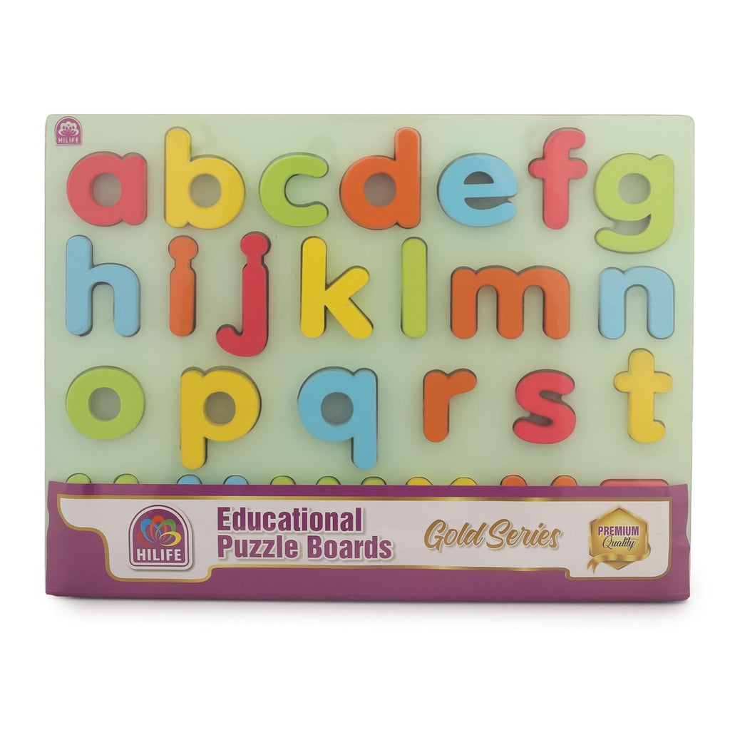 HILIFE Educational Alphabet Small Letters Puzzle Board – Wooden Peg Puzzle for Toddlers, Gold Series (a-z, 26 Pieces) - Naivri