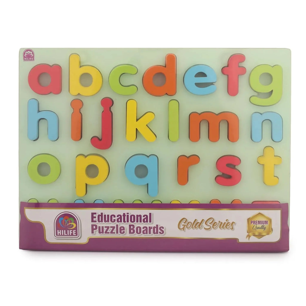 HILIFE Educational Alphabet Small Letters Puzzle Board – Wooden Peg Puzzle for Toddlers, Gold Series (a-z, 26 Pieces) - Naivri
