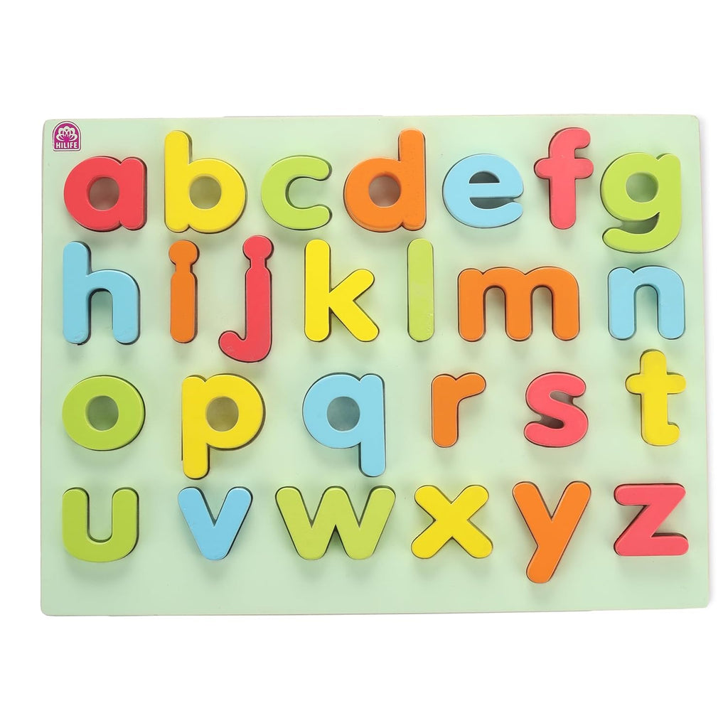 HILIFE Educational Alphabet Small Letters Puzzle Board – Wooden Peg Puzzle for Toddlers, Gold Series (a-z, 26 Pieces) - Naivri
