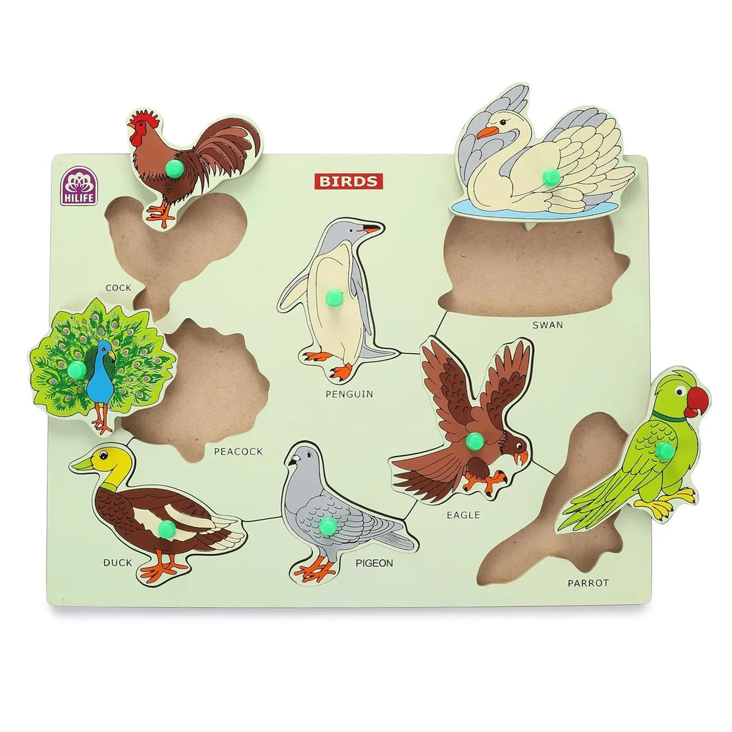 HILIFE Educational Birds Puzzle Board – Gold Series | Wooden Peg Puzzle for Toddlers & Preschoolers (012) - Naivri