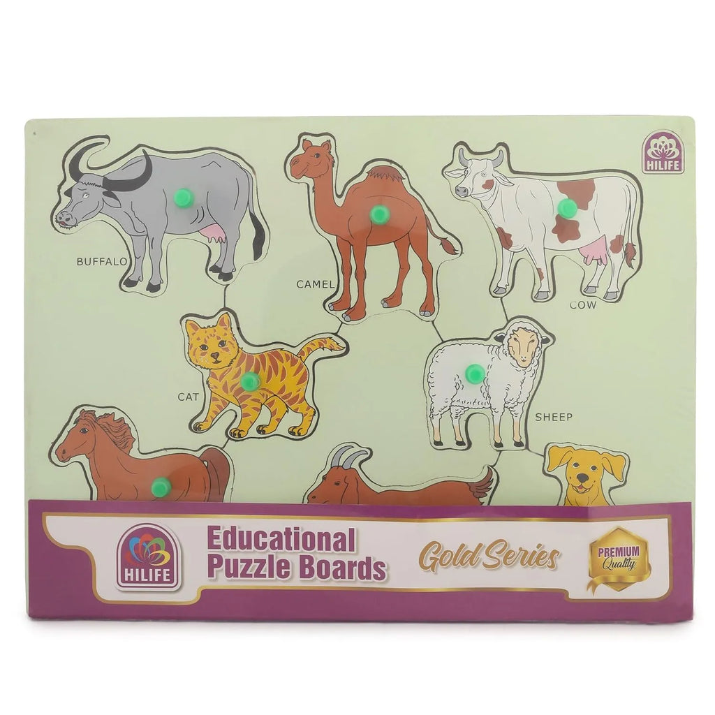 HILIFE Educational Domestic Animals Puzzle Board – Gold Series | Wooden Peg Puzzle for Toddlers & Preschoolers (011) - Naivri