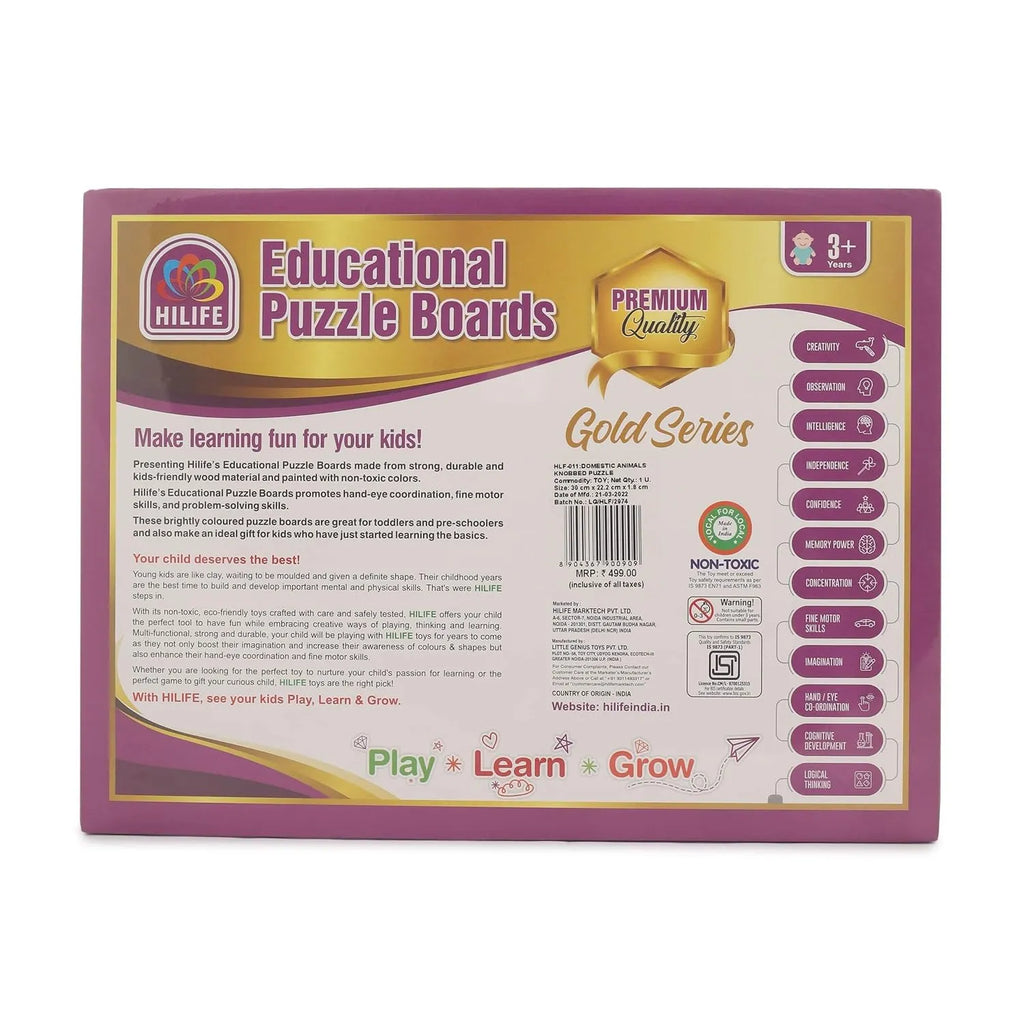 HILIFE Educational Domestic Animals Puzzle Board – Gold Series | Wooden Peg Puzzle for Toddlers & Preschoolers (011) - Naivri