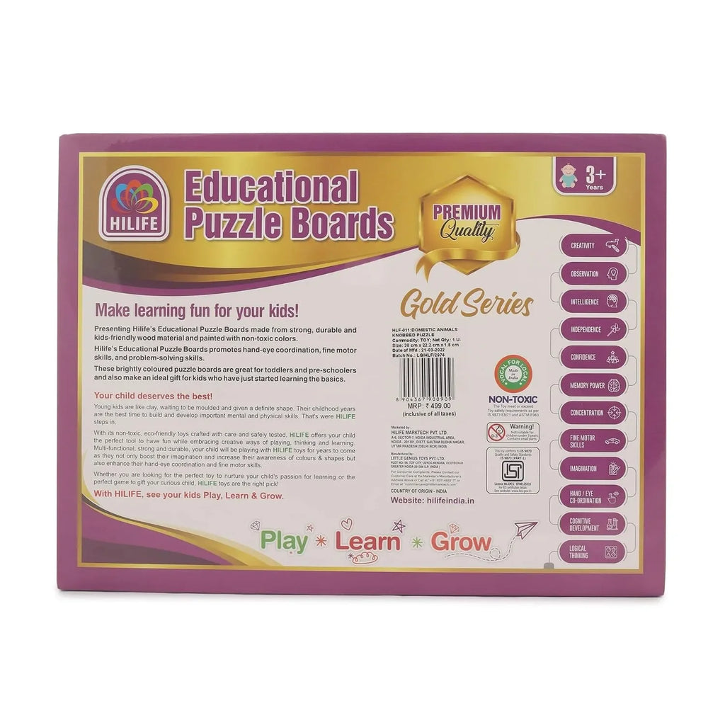 HILIFE Educational Domestic Animals Puzzle Board – Gold Series | Wooden Peg Puzzle for Toddlers & Preschoolers (011) - Naivri