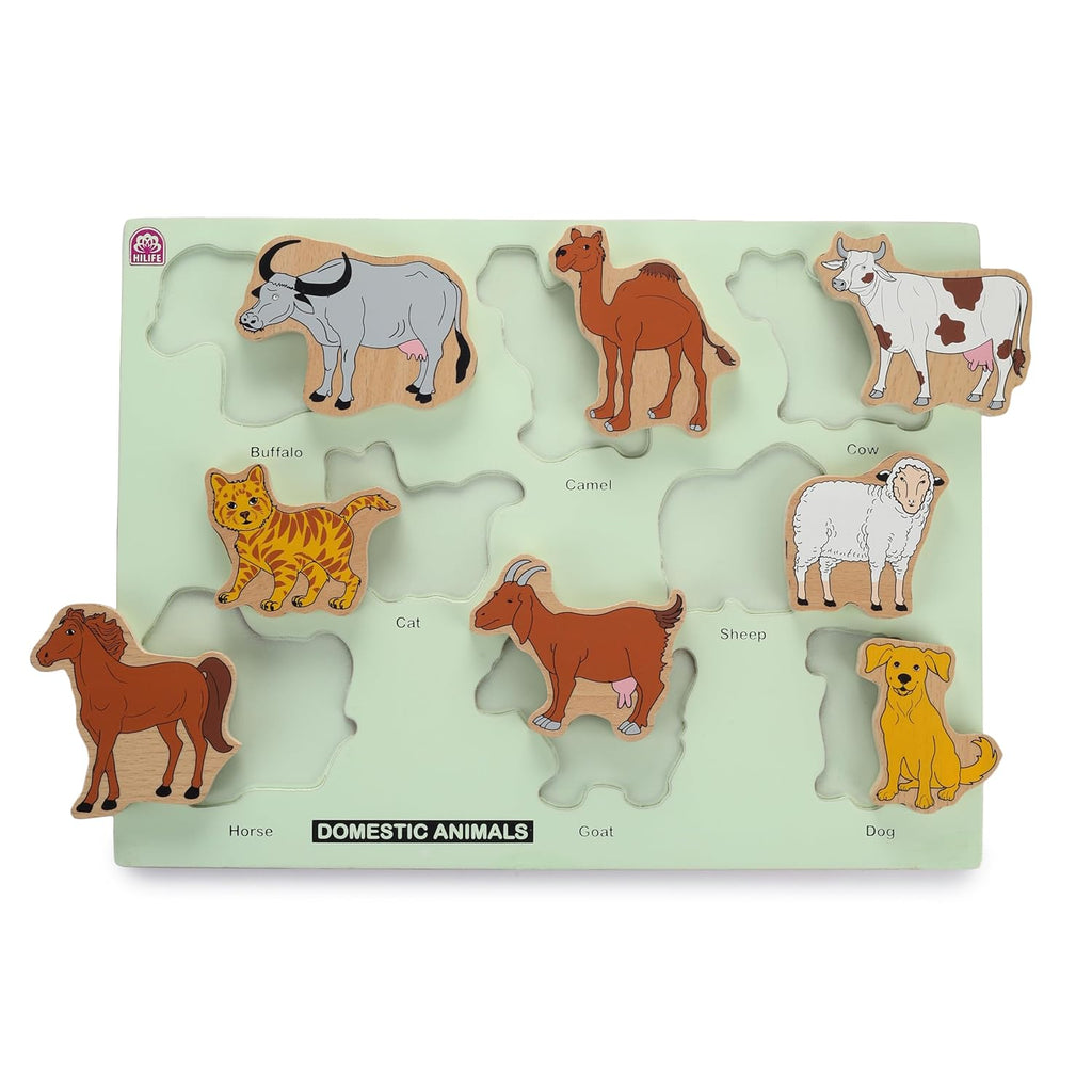 HILIFE Educational Domestic Animals Puzzle Board – Gold Series | Wooden Puzzle with 8 Animal Pieces | Early Learning Toy for Kids (022) - Naivri