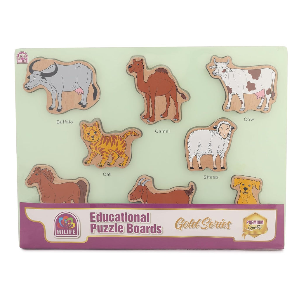 HILIFE Educational Domestic Animals Puzzle Board – Gold Series | Wooden Puzzle with 8 Animal Pieces | Early Learning Toy for Kids (022) - Naivri