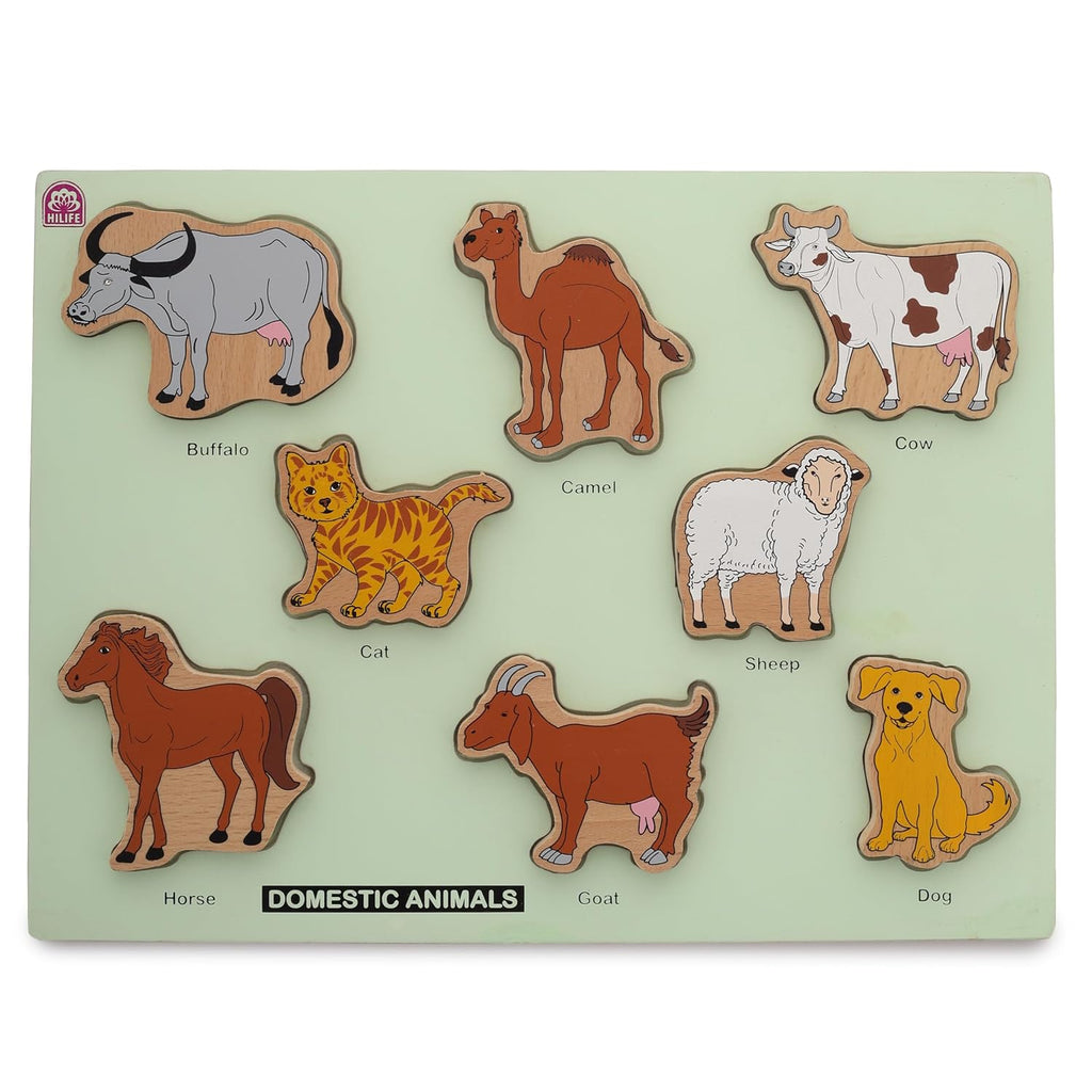 HILIFE Educational Domestic Animals Puzzle Board – Gold Series | Wooden Puzzle with 8 Animal Pieces | Early Learning Toy for Kids (022) - Naivri