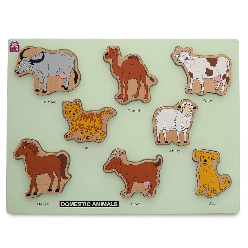 HILIFE Educational Domestic Animals Puzzle Board – Gold Series | Wooden Puzzle with 8 Animal Pieces | Early Learning Toy for Kids (022) - Naivri