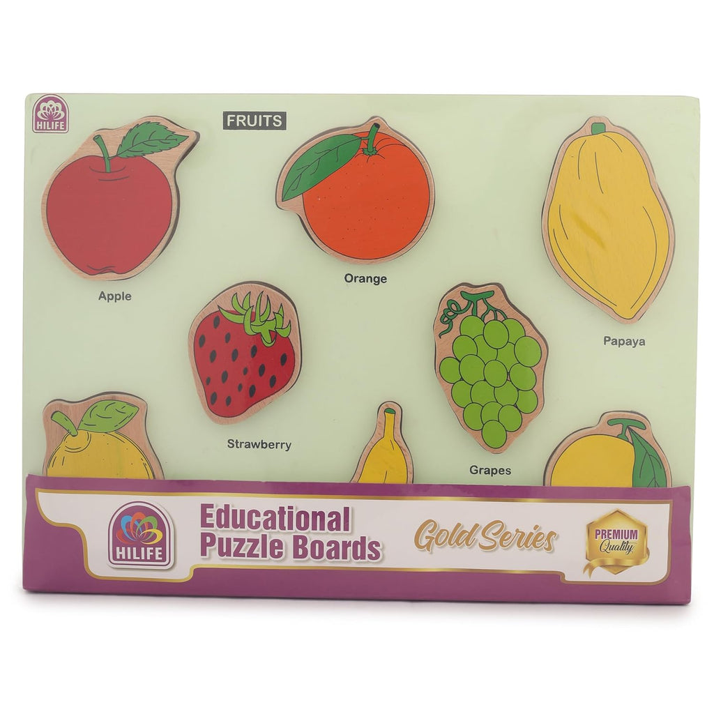 HILIFE Educational Fruits Puzzle Board - Gold Series | Wooden Puzzle for Kids (Age 3+) | 8 Pieces | Compact & Colorful Learning Toy - Naivri