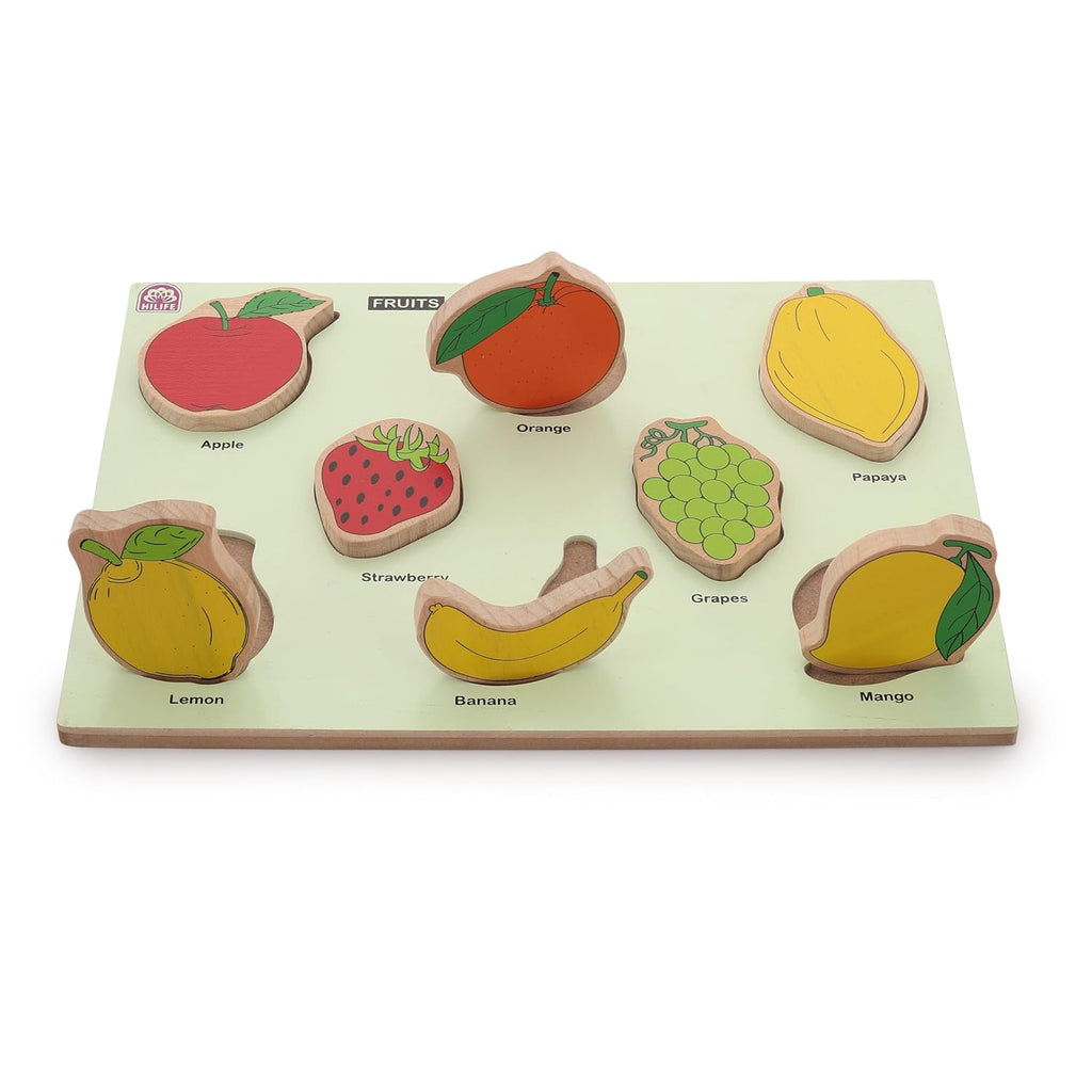 HILIFE Educational Fruits Puzzle Board - Gold Series | Wooden Puzzle for Kids (Age 3+) | 8 Pieces | Compact & Colorful Learning Toy - Naivri