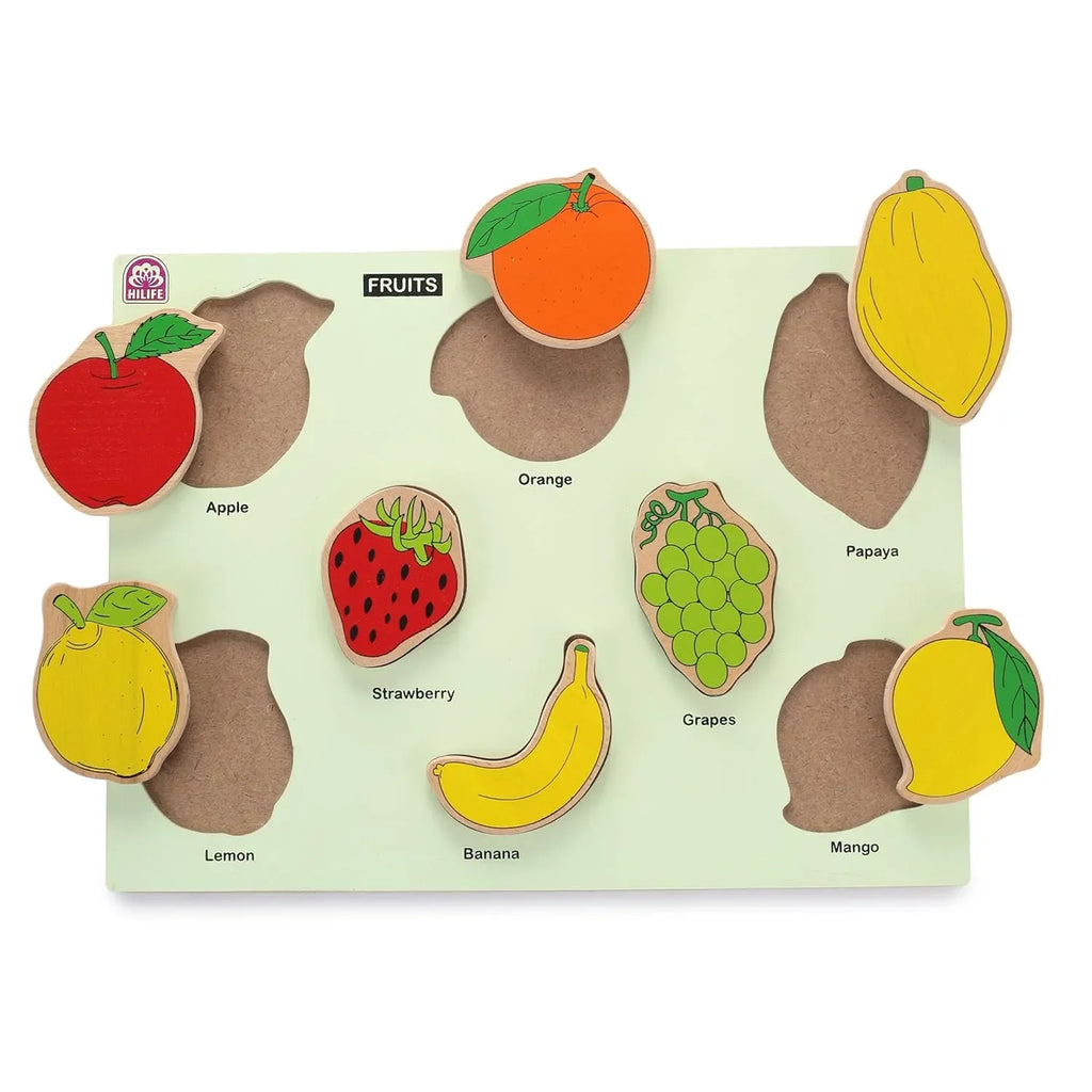 HILIFE Educational Fruits Puzzle Board - Gold Series | Wooden Puzzle for Kids (Age 3+) | 8 Pieces | Compact & Colorful Learning Toy - Naivri
