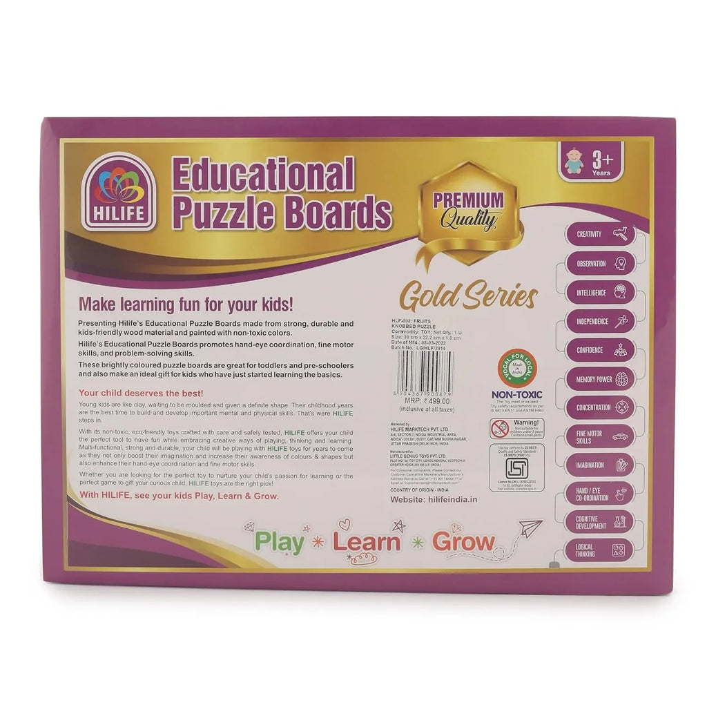 HILIFE Educational Fruits Puzzle Board, Gold Series – Wooden Peg Board for Kids (008) | Toddler Early Learning Toy - Naivri