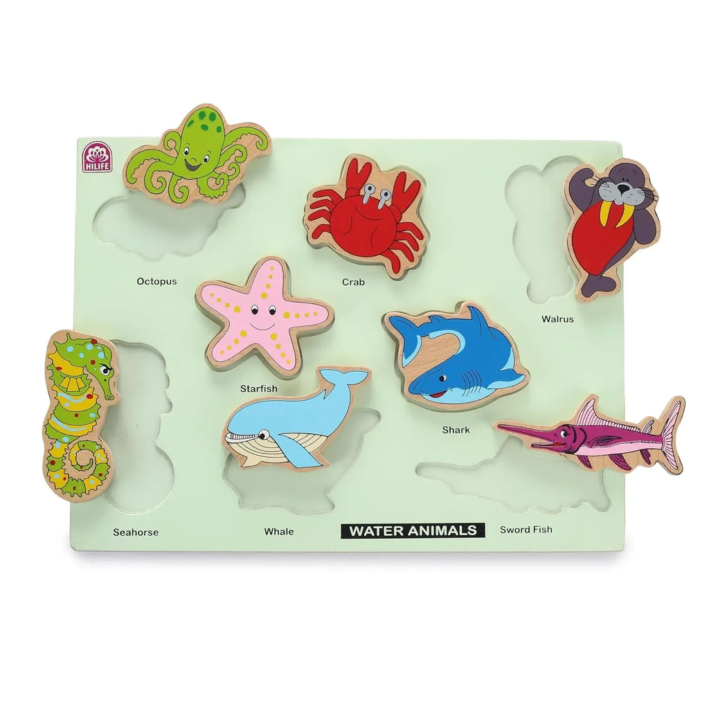 HILIFE Educational Sea Animals Puzzle Board – Gold Series | Wooden Puzzle Toy with 8 Marine Animal Pieces for Kids (023) - Naivri
