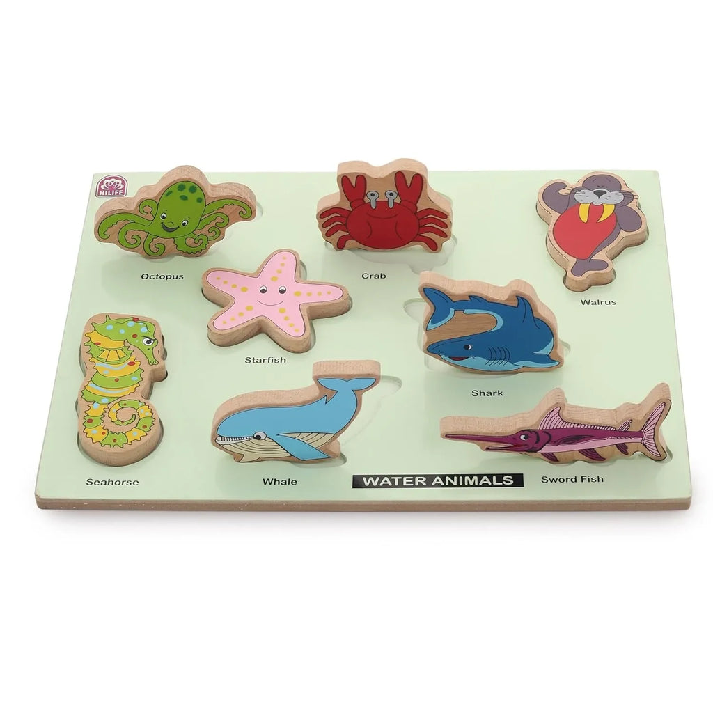 HILIFE Educational Sea Animals Puzzle Board – Gold Series | Wooden Puzzle Toy with 8 Marine Animal Pieces for Kids (023) - Naivri