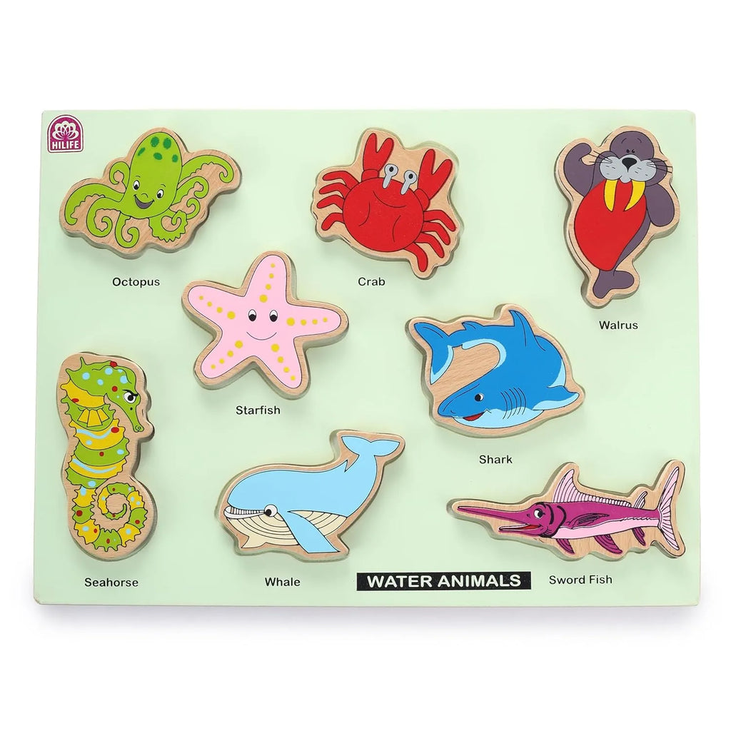 HILIFE Educational Sea Animals Puzzle Board – Gold Series | Wooden Puzzle Toy with 8 Marine Animal Pieces for Kids (023) - Naivri