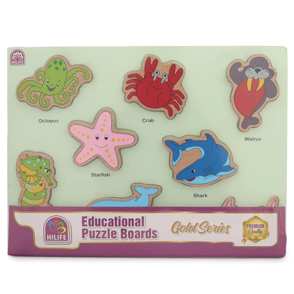 HILIFE Educational Sea Animals Puzzle Board – Gold Series | Wooden Puzzle Toy with 8 Marine Animal Pieces for Kids (023) - Naivri