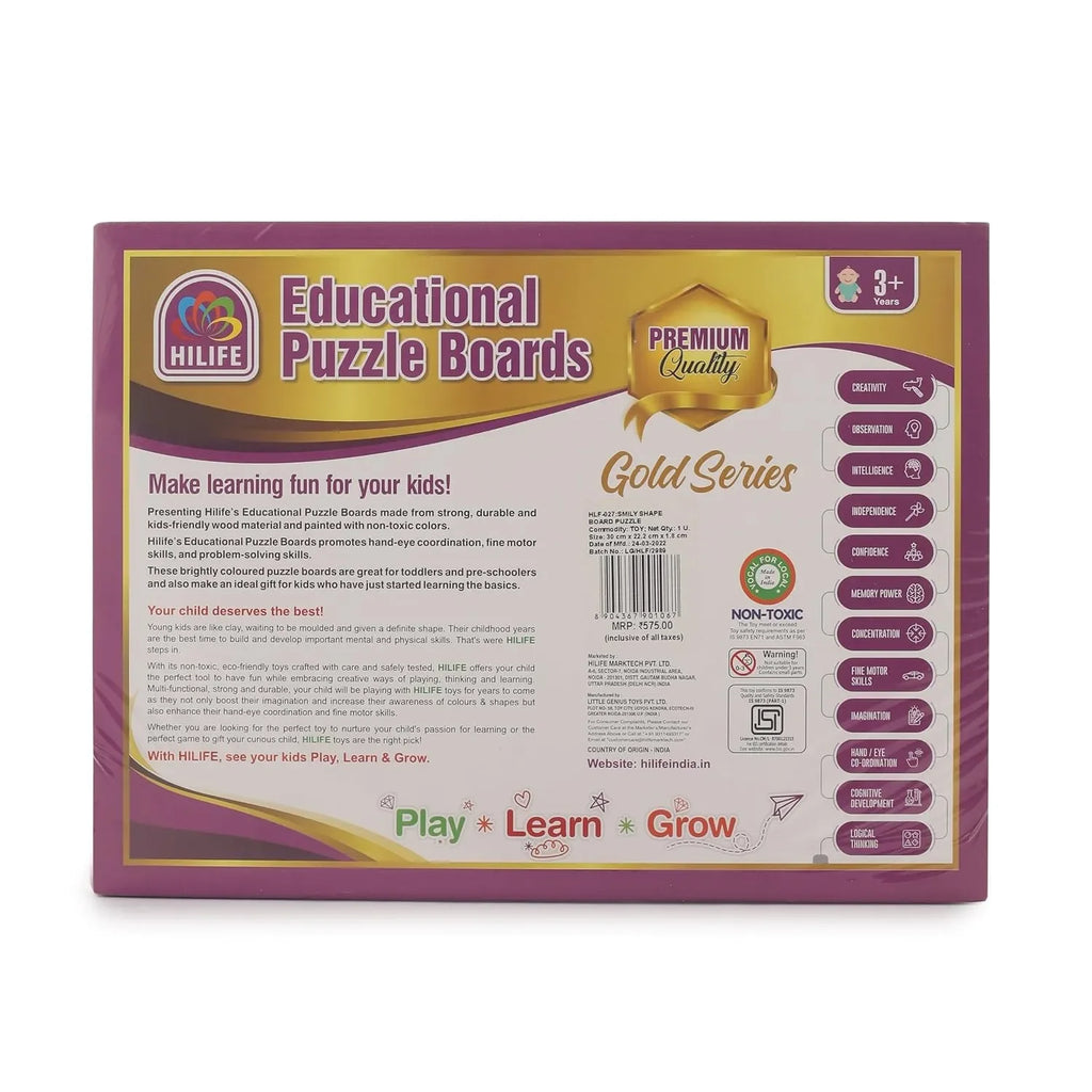 HILIFE Educational Smiley Shapes Wooden Puzzle Board – Gold Series | 8 Wooden Shape Pieces for Toddlers (027) - Naivri