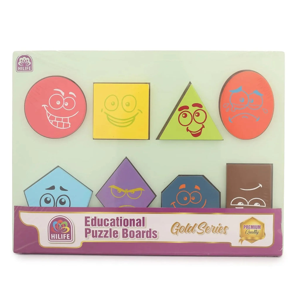 HILIFE Educational Smiley Shapes Wooden Puzzle Board – Gold Series | 8 Wooden Shape Pieces for Toddlers (027) - Naivri