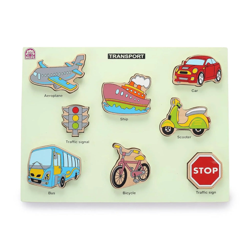 HILIFE Educational Transport Puzzle Board - Gold Series | 8 Wooden Vehicle Puzzle Pieces for Toddlers (Age 3+) | Compact Early Learning Toy - Naivri