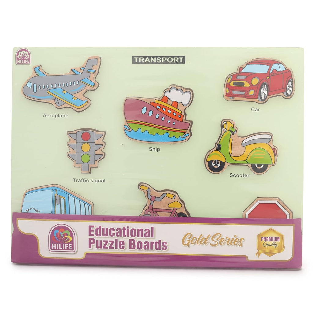 HILIFE Educational Transport Puzzle Board - Gold Series | 8 Wooden Vehicle Puzzle Pieces for Toddlers (Age 3+) | Compact Early Learning Toy - Naivri