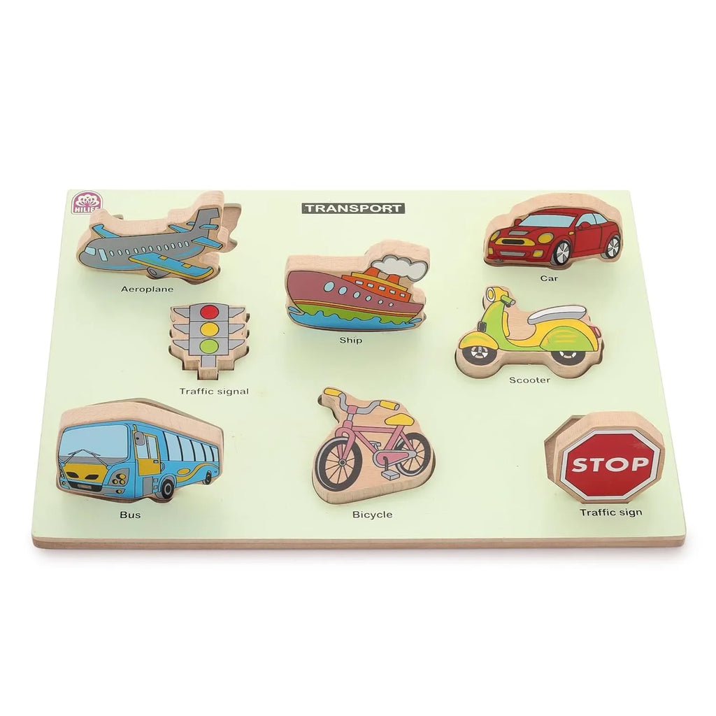 HILIFE Educational Transport Puzzle Board - Gold Series | 8 Wooden Vehicle Puzzle Pieces for Toddlers (Age 3+) | Compact Early Learning Toy - Naivri