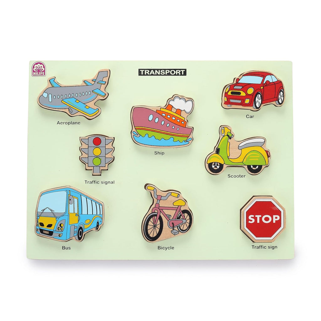 HILIFE Educational Transport Puzzle Board - Gold Series | 8 Wooden Vehicle Puzzle Pieces for Toddlers (Age 3+) | Compact Early Learning Toy - Naivri