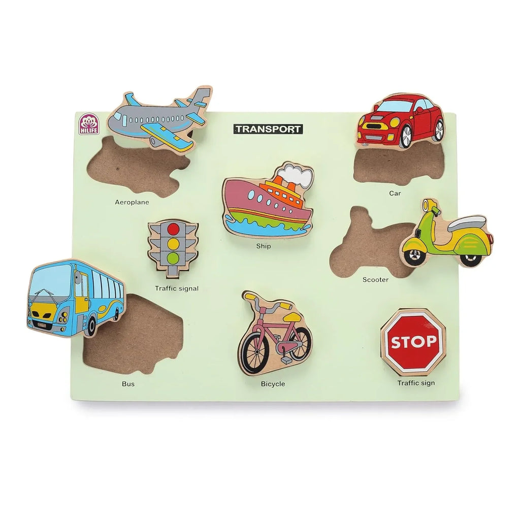 HILIFE Educational Transport Puzzle Board - Gold Series | 8 Wooden Vehicle Puzzle Pieces for Toddlers (Age 3+) | Compact Early Learning Toy - Naivri