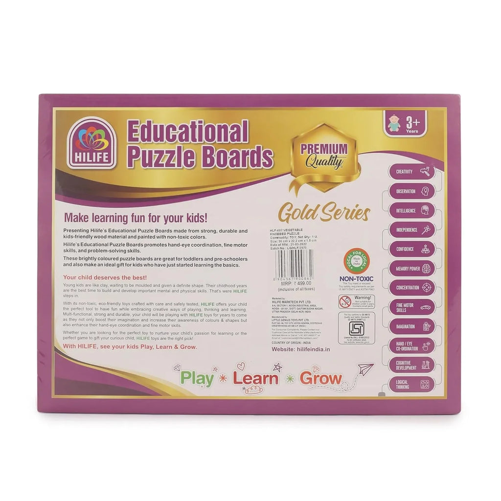 HILIFE Educational Vegetables Puzzle Board, Gold Series – Wooden Peg Board for Kids (007) | Early Learning Toy - Naivri