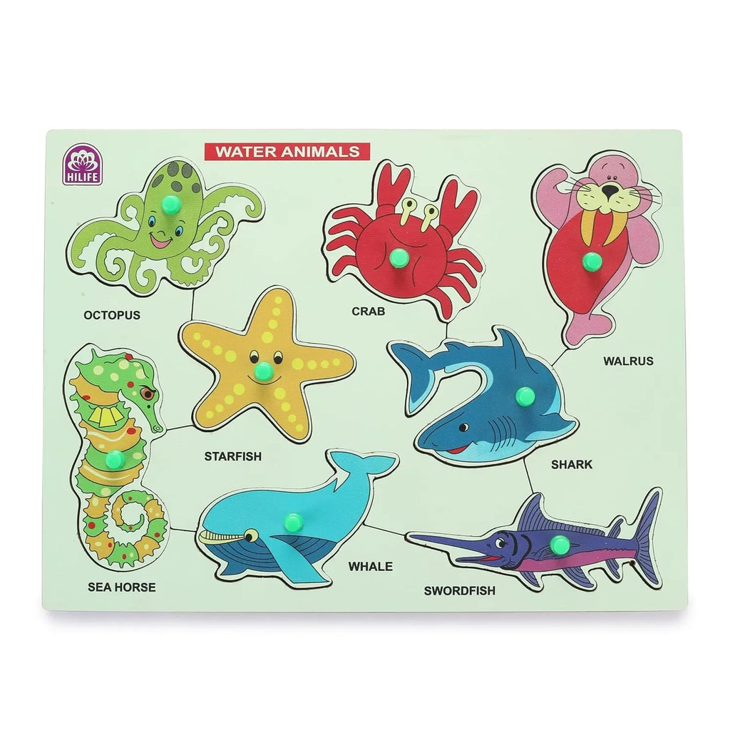 HiLife Educational Water Animals Puzzle Board – Gold Series | Wooden Peg Puzzle for Toddlers & Preschoolers (013) - Naivri