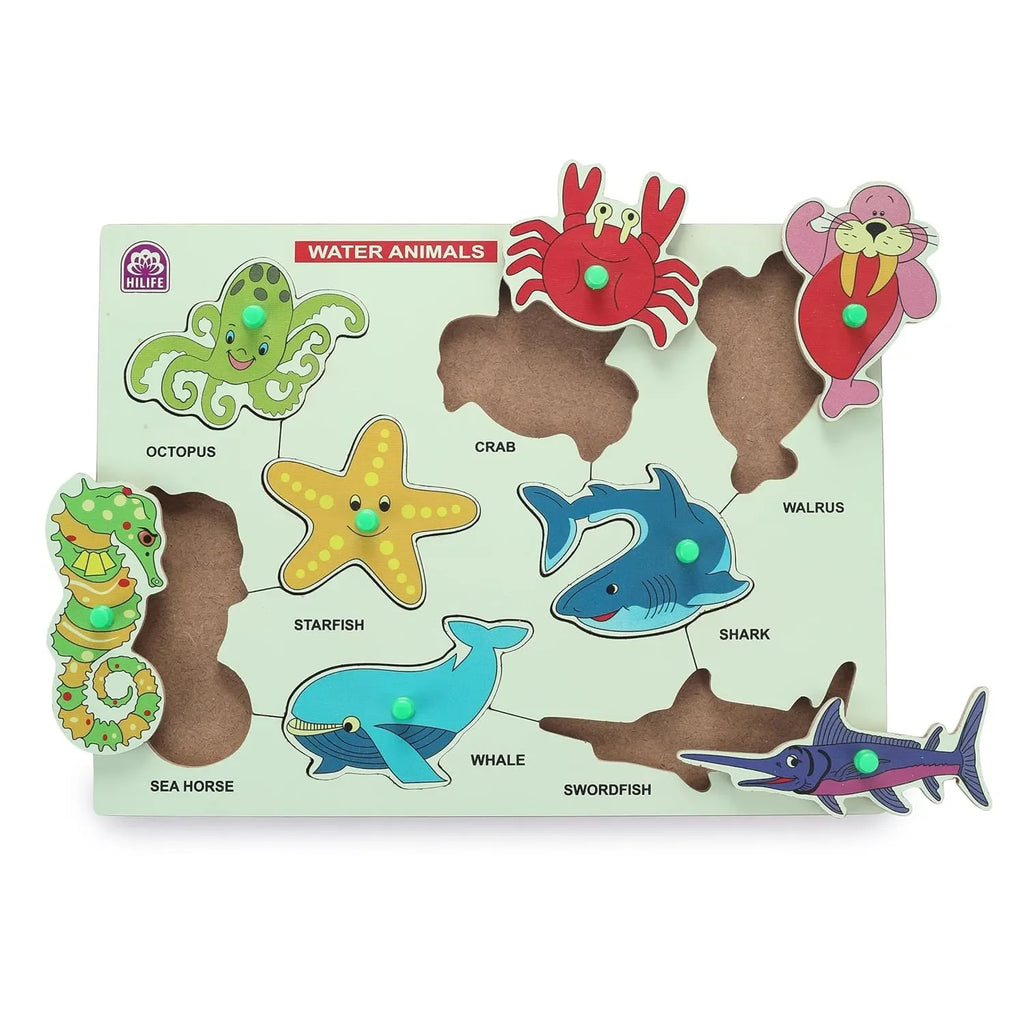 HiLife Educational Water Animals Puzzle Board – Gold Series | Wooden Peg Puzzle for Toddlers & Preschoolers (013) - Naivri