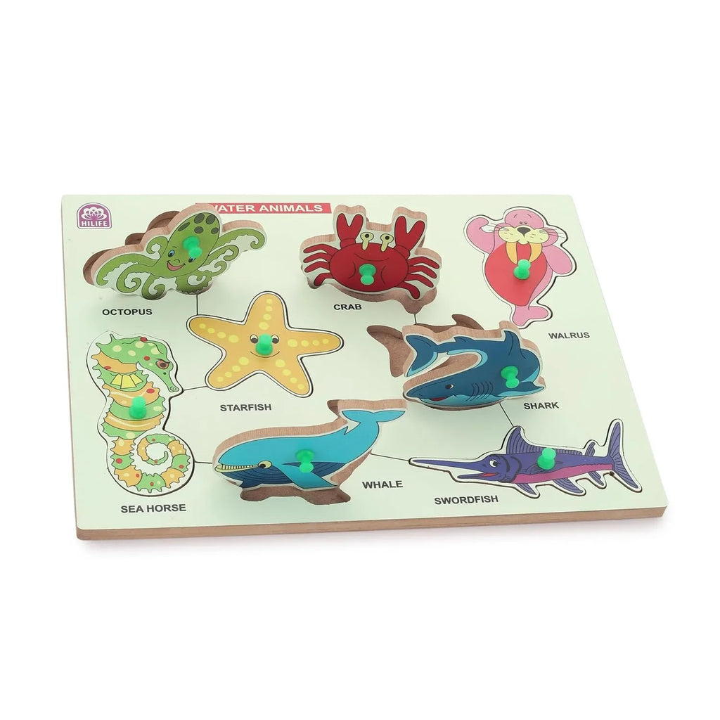 HiLife Educational Water Animals Puzzle Board – Gold Series | Wooden Peg Puzzle for Toddlers & Preschoolers (013) - Naivri