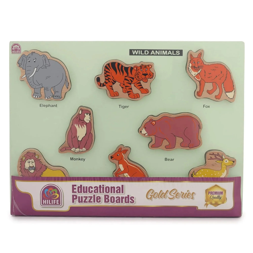 HILIFE Educational Wild Animals Puzzle Board - Gold Series | 8 Wooden Animal Puzzle Pieces for Toddlers (Age 3+) | Compact Early Learning Toy - Naivri