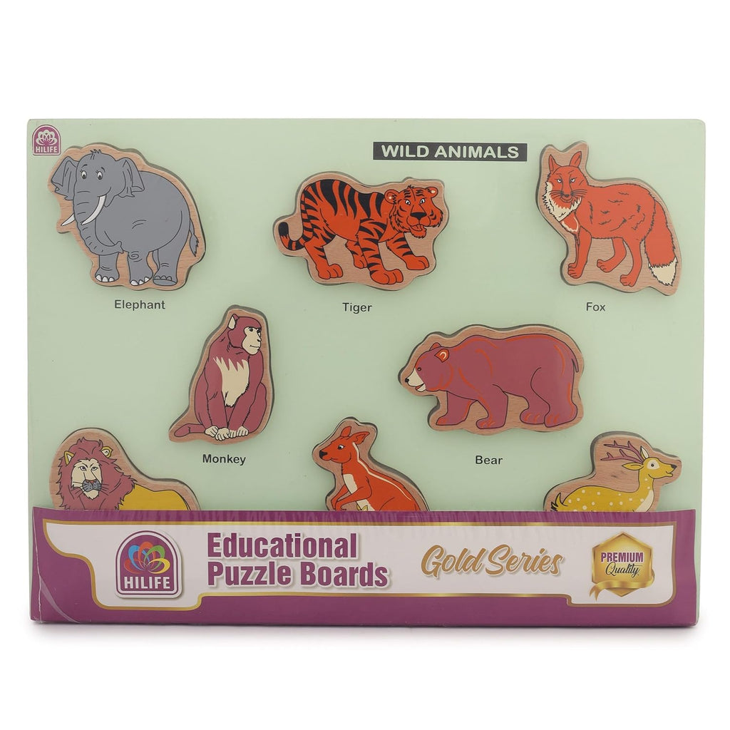 HILIFE Educational Wild Animals Puzzle Board - Gold Series | 8 Wooden Animal Puzzle Pieces for Toddlers (Age 3+) | Compact Early Learning Toy - Naivri