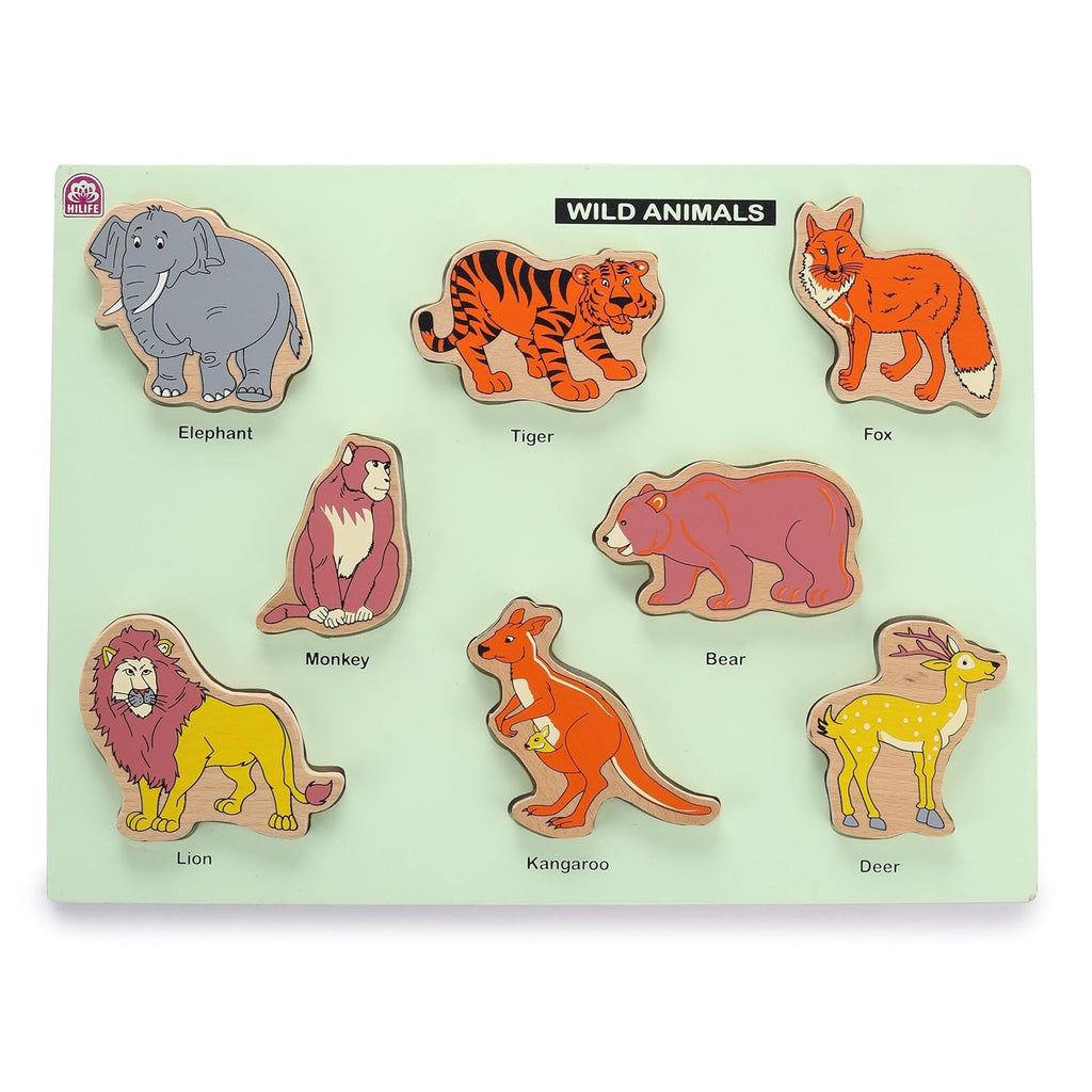 HILIFE Educational Wild Animals Puzzle Board - Gold Series | 8 Wooden Animal Puzzle Pieces for Toddlers (Age 3+) | Compact Early Learning Toy - Naivri